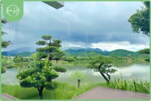 Các khu vườn được trang trí với các loại cây cảnh và hoa tươi